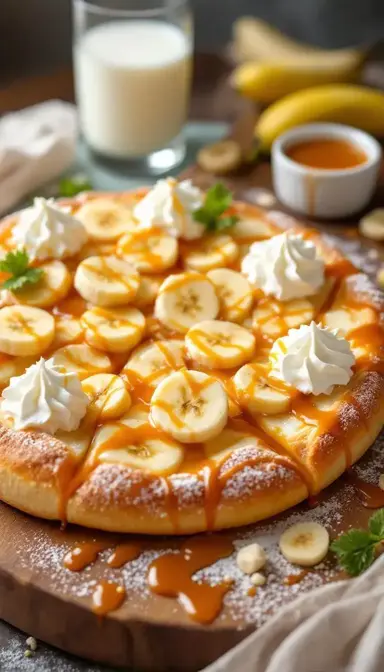 Banana and Caramel Dessert Pizza with Whipped Cream