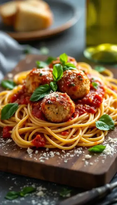 Basil Lemon Chicken Meatballs with Spaghetti