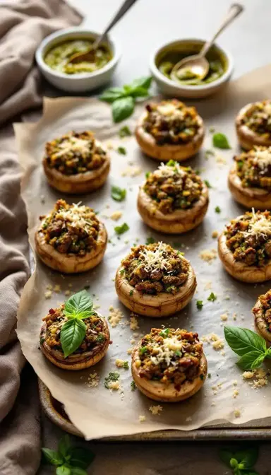 Beef and Pesto Stuffed Mushrooms