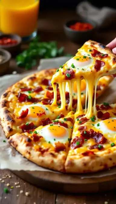 Breakfast Pizza with Eggs Bacon and Cheddar