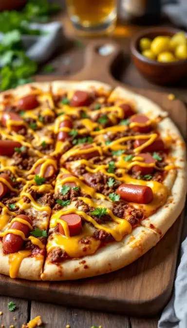 Chili Cheese Dog Pizza with Mustard Drizzle: Where Ballpark Meets Pizza Night