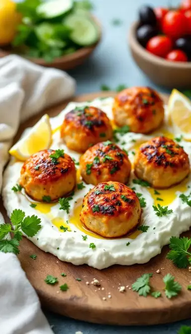 Greek Chicken Meatballs over Whipped Feta