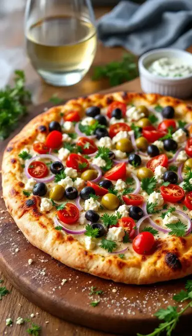 Mediterranean Pizza with Hummus Olives and Feta