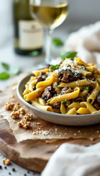 Simple Mushroom Penne with Walnut Pesto